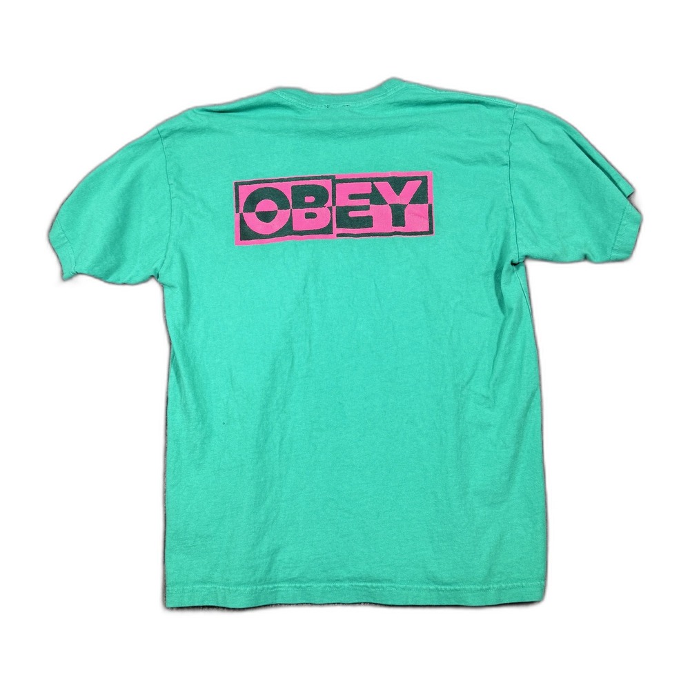 Obey Mens Graphic T-Shirt Green Pink Logo Short Sleeve Crew Neck Size M - Picture 2 of 8